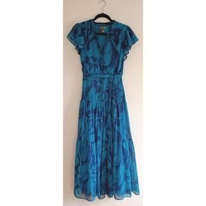 Taylor Teal Navy Blue Marble Print Tiered Maxi Dress Flutter Sleeve Sz 6 Cottage